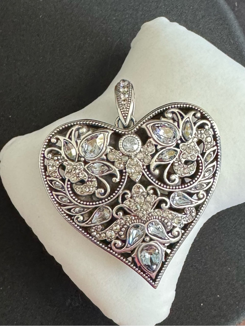 Brighton Large Silver Crystal Heart Filigree Statement Pendant
